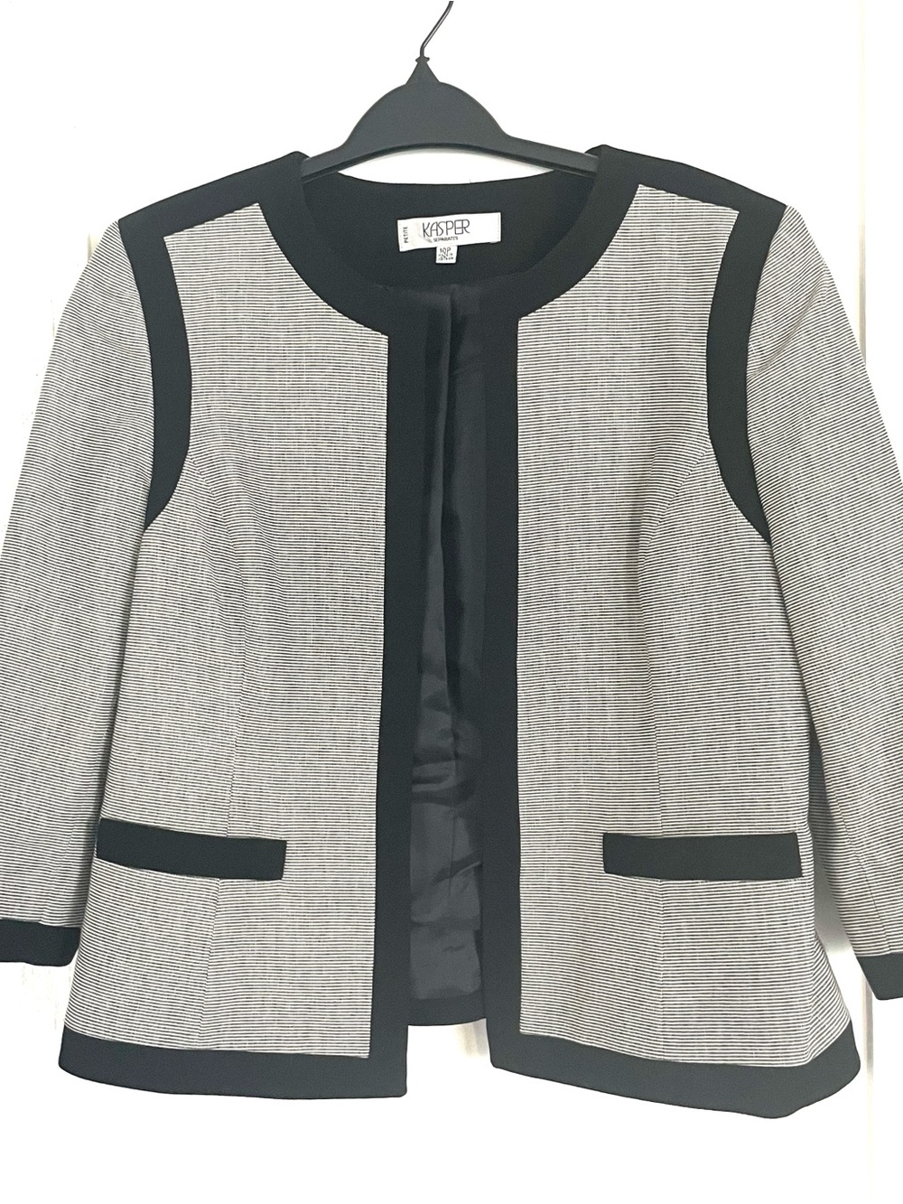 Kasper Black Trim Gray-Pattern Open Front Blazer